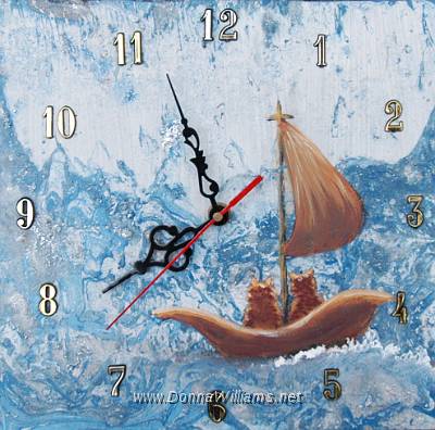 Puss in Boats.jpg - Acrylic on wood with clock mechanism. Size: 26 cm  x 26 cm.  Original Sold 